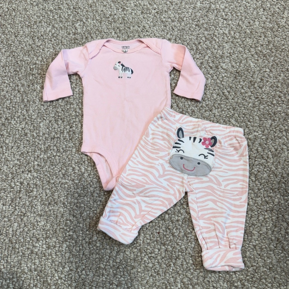 Carters Baby Girl Pink Zebra Bodysuit and Pants Set Size 3 Months‎ Long Sleeve